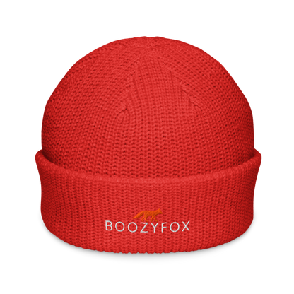 Red Fisherman Beanie With An Embroidered Boozy Fox Logo On Fold - Cool Winter Beanies - Boozy Fox