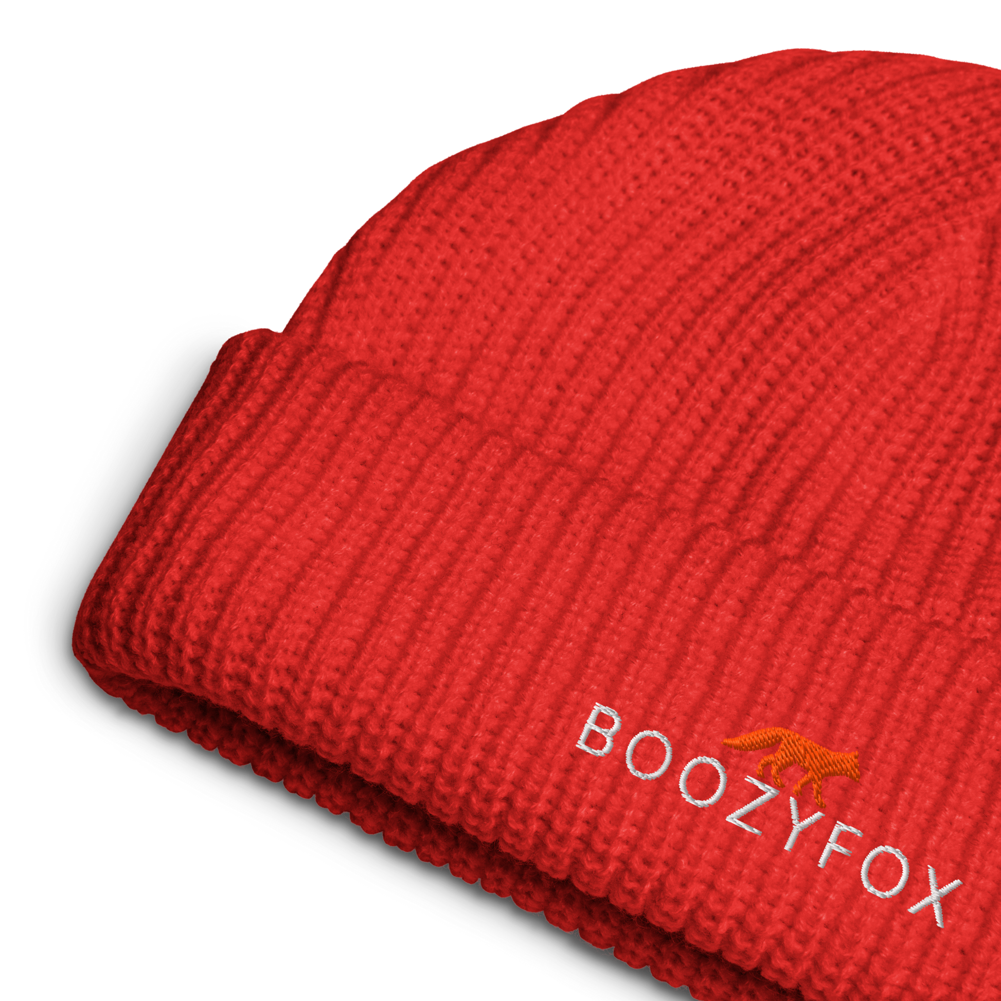 Red Fisherman Beanie With An Embroidered Boozy Fox Logo On Fold - Cool Winter Beanies - Boozy Fox