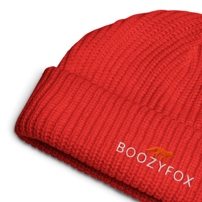 Red Fisherman Beanie With An Embroidered Boozy Fox Logo On Fold - Cool Winter Beanies - Boozy Fox