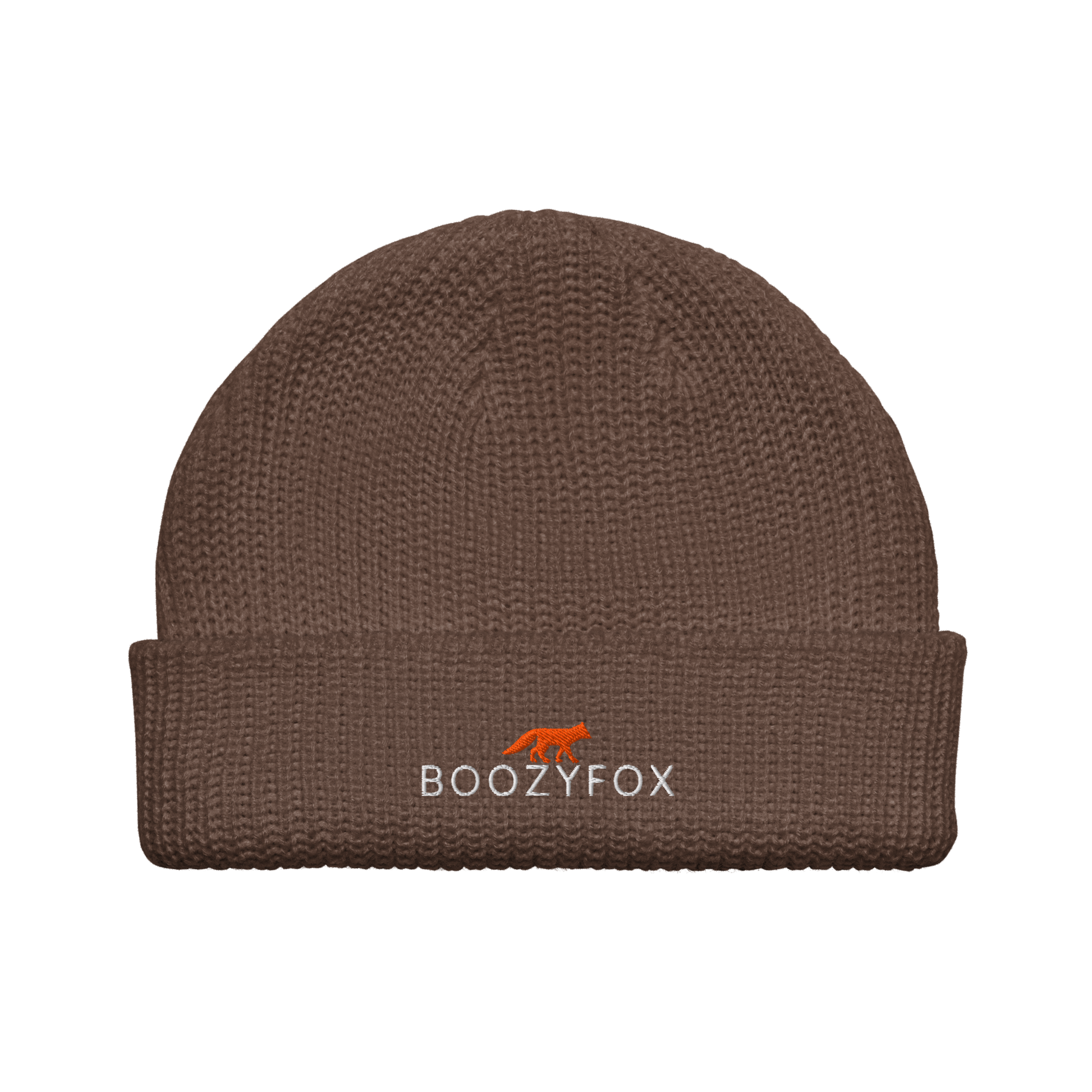 Walnut Brown Fisherman Beanie With An Embroidered Boozy Fox Logo On Fold - Cool Winter Beanies - Boozy Fox