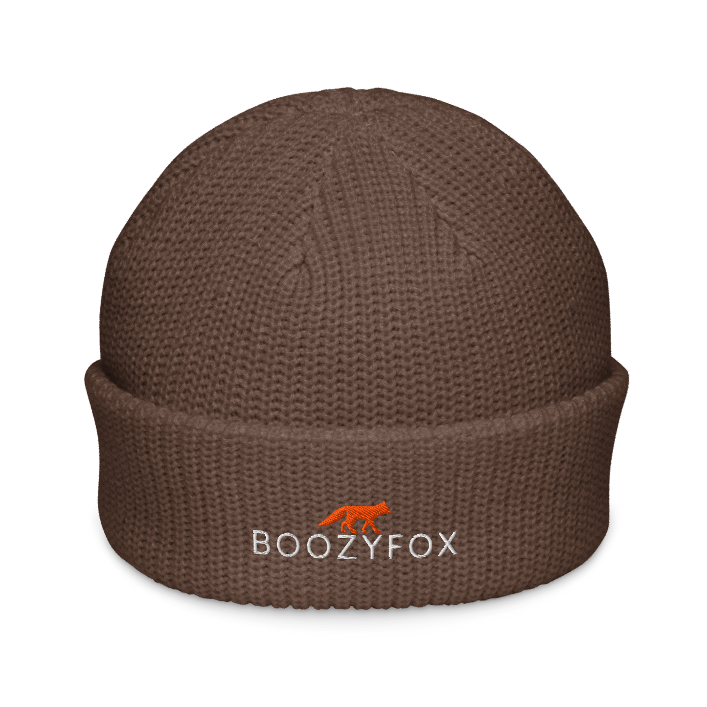 Walnut Brown Fisherman Beanie With An Embroidered Boozy Fox Logo On Fold - Cool Winter Beanies - Boozy Fox