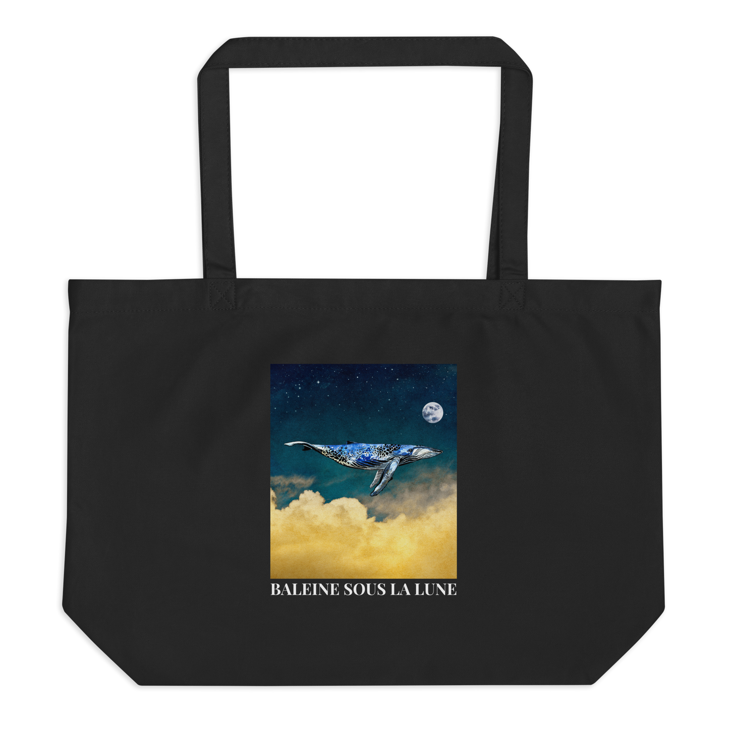 Black Whale Eco Tote Bag featuring a majestic Whale Under The Moon graphic - Shop Large Organic Cotton Tote Bags Online - Boozy Fox