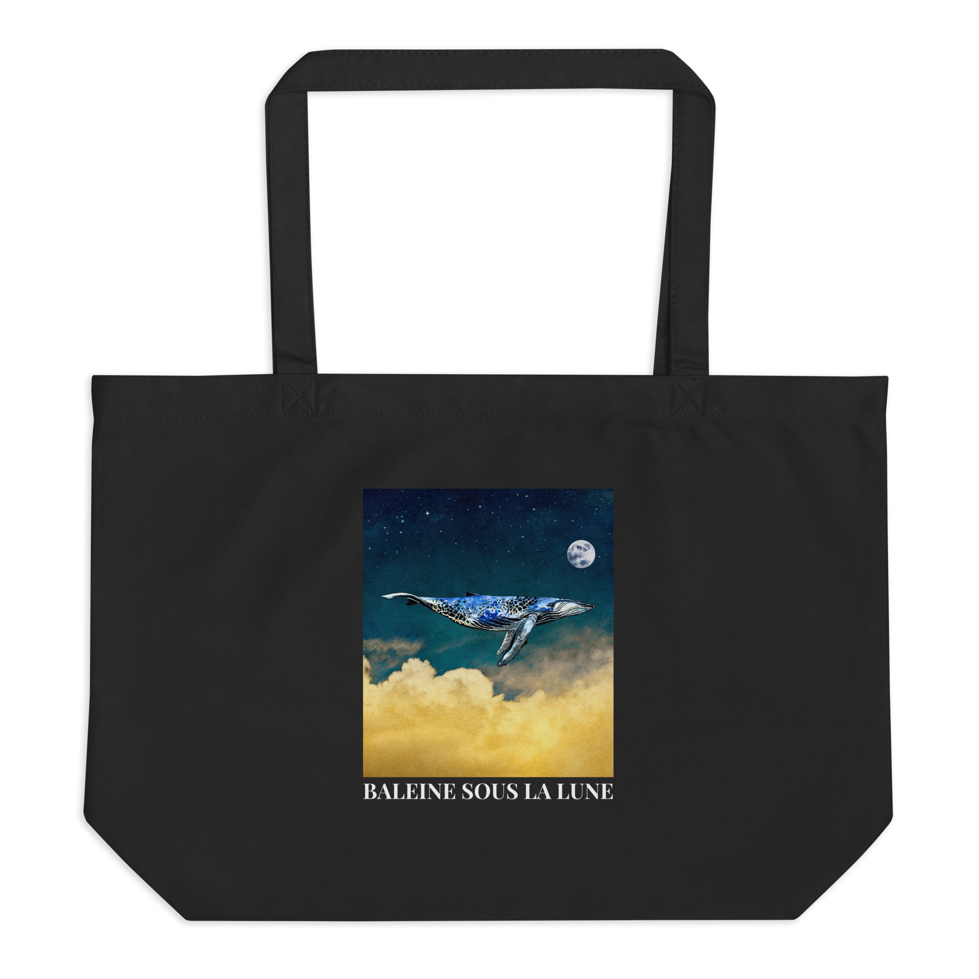 Black Whale Eco Tote Bag featuring a majestic Whale Under The Moon graphic - Shop Large Organic Cotton Tote Bags Online - Boozy Fox