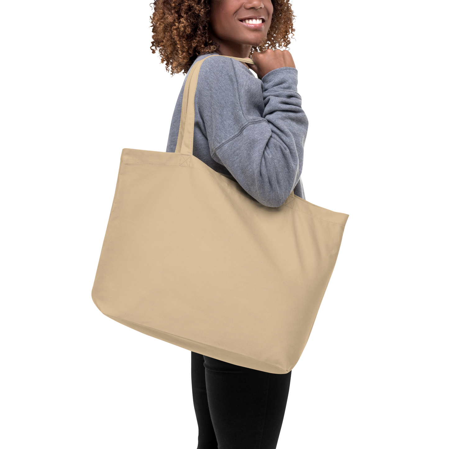 Smiling Woman Carrying a Oyster Colored Eco Tote Bag - Shop Large Organic Cotton Tote Bags Online - Boozy Fox