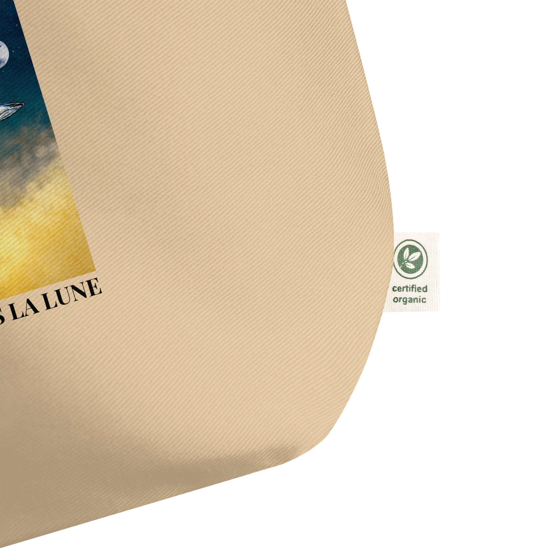 Product Details of a Oyster Colored Whale Eco Tote Bag featuring a majestic Whale Under The Moon graphic - Shop Large Organic Cotton Tote Bags Online - Boozy Fox