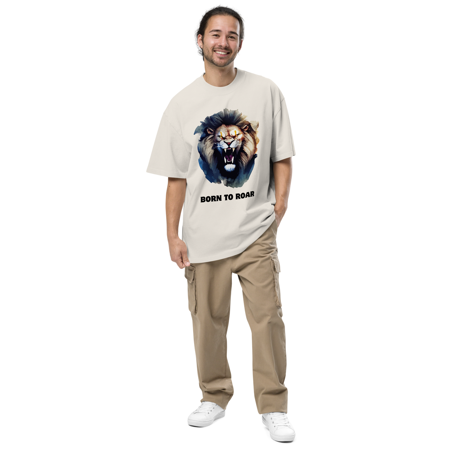 Man wearing a Funny Born to Roar Lion oversized graphic t-shirt in faded bone white by Boozy Fox