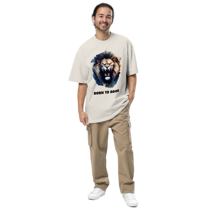 Man wearing a Funny Born to Roar Lion oversized graphic t-shirt in faded bone white by Boozy Fox