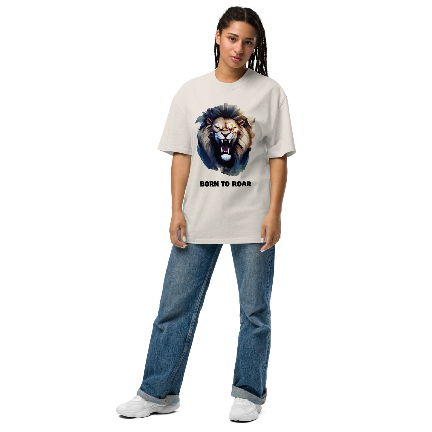 Woman wearing a Funny Born to Roar Lion oversized graphic t-shirt in faded bone white by Boozy Fox