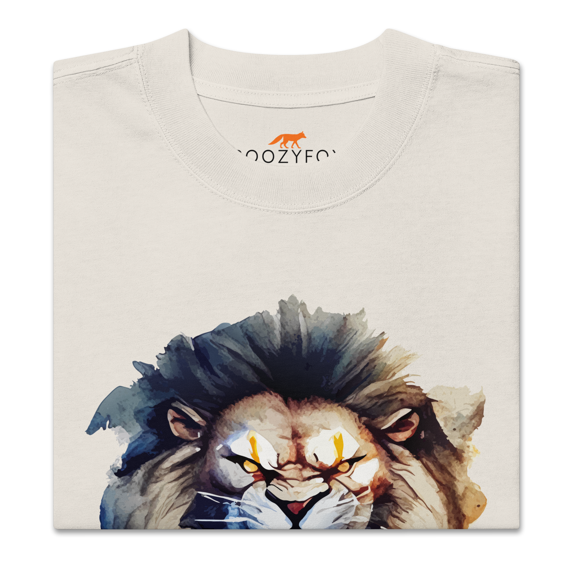 Front details of a Funny Born to Roar Lion oversized graphic t-shirt in faded bone white by Boozy Fox