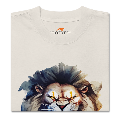 Front details of a Funny Born to Roar Lion oversized graphic t-shirt in faded bone white by Boozy Fox