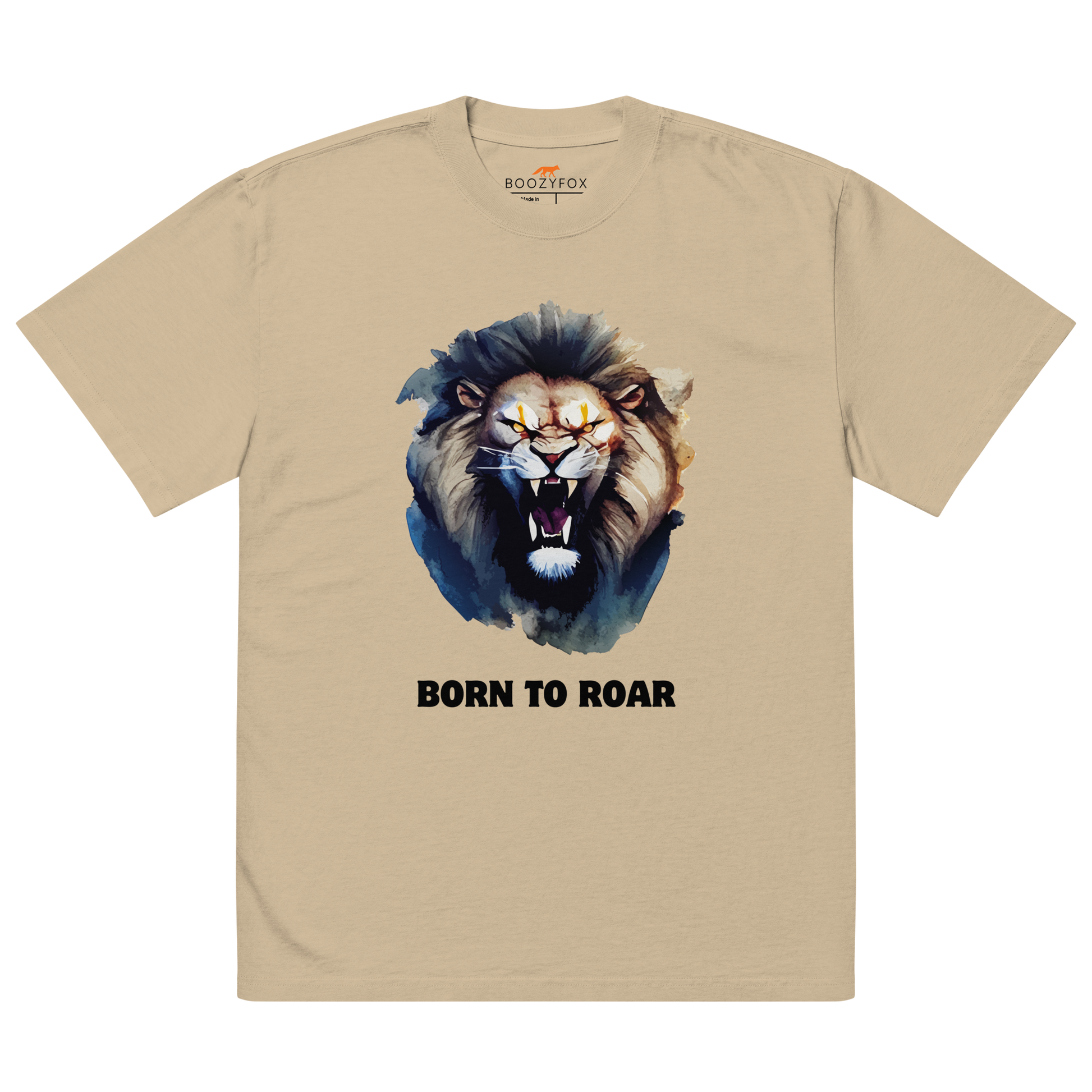 Funny Born to Roar Lion oversized graphic t-shirt in faded khaki white by Boozy Fox