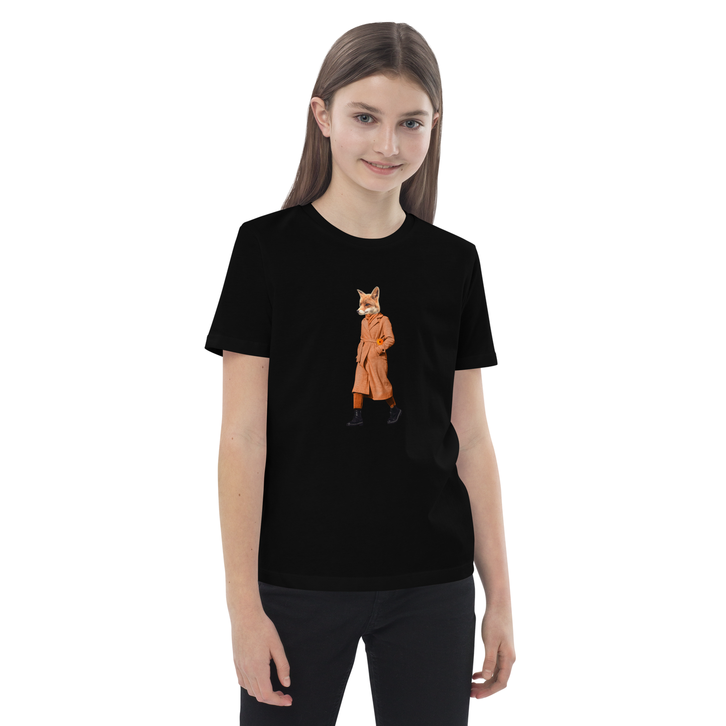 Young girl wearing a Black Anthropomorphic Fox Organic Cotton Kids T-Shirt featuring an Anthropomorphic Fox In a Trench Coat graphic on the chest - Kids' Graphic Tees - Funny Animal T-Shirts - Boozy Fox