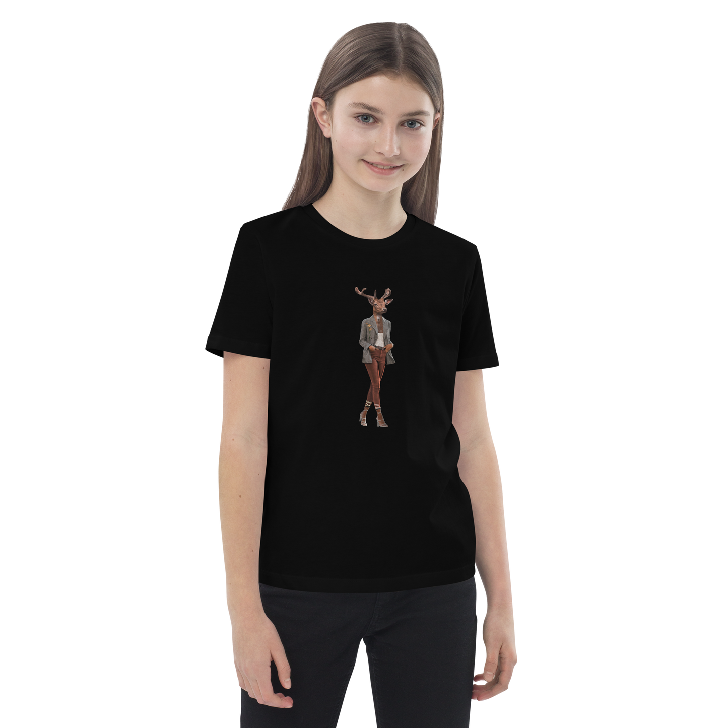 Young girl wearing a Black Anthropomorphic Deer Organic Cotton Kids T-Shirt featuring an Anthropomorphic Deer graphic on the chest - Kids' Graphic Tees - Funny Animal T-Shirts - Boozy Fox