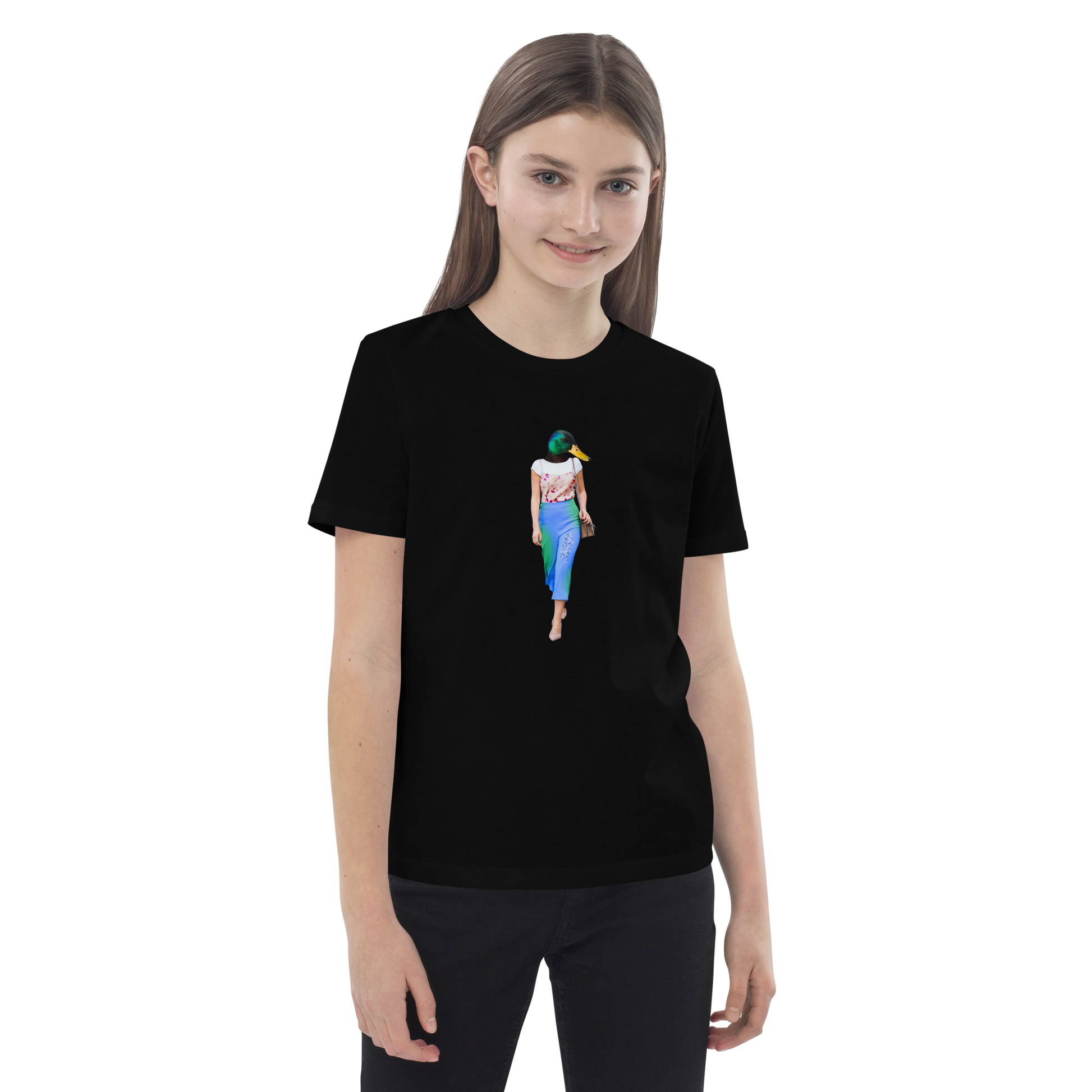 Young girl wearing a Black Anthropomorphic Duck Organic Cotton Kids T-Shirt featuring an Anthropomorphic Duck graphic on the chest - Kids' Graphic Tees - Funny Animal T-Shirts - Boozy Fox