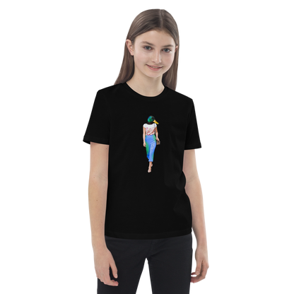 Young girl wearing a Black Anthropomorphic Duck Organic Cotton Kids T-Shirt featuring an Anthropomorphic Duck graphic on the chest - Kids' Graphic Tees - Funny Animal T-Shirts - Boozy Fox