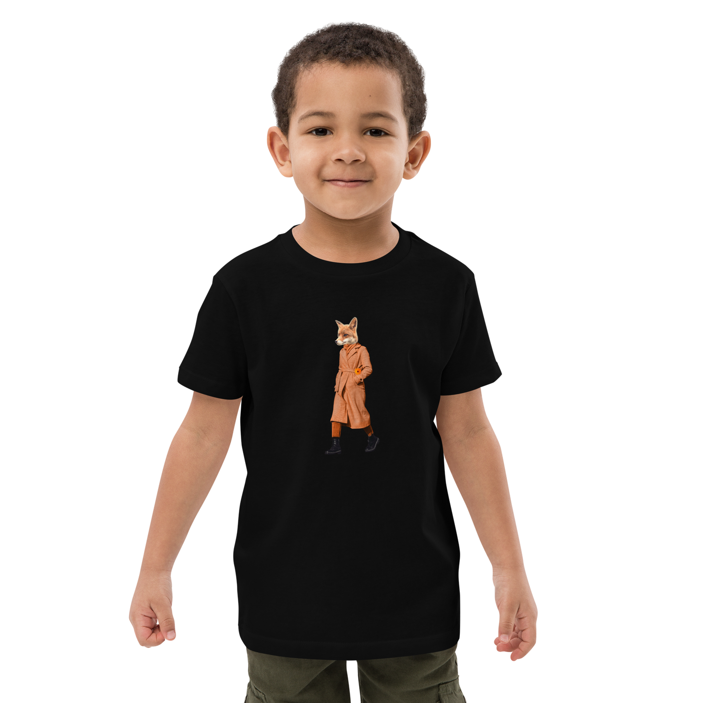 Young boy wearing a Black Anthropomorphic Fox Organic Cotton Kids T-Shirt featuring an Anthropomorphic Fox In a Trench Coat graphic on the chest - Kids' Graphic Tees - Funny Animal T-Shirts - Boozy Fox