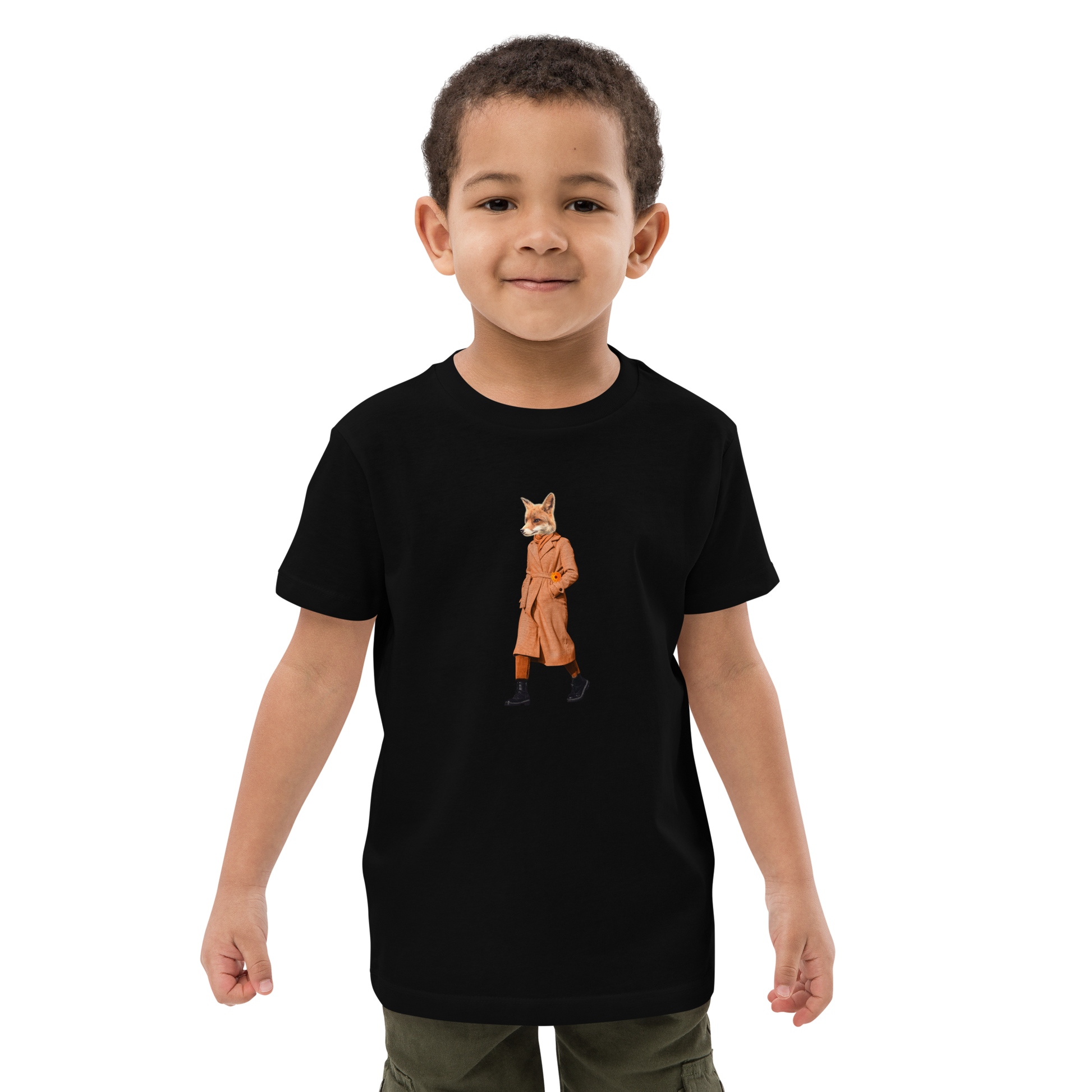 Young boy wearing a Black Anthropomorphic Fox Organic Cotton Kids T-Shirt featuring an Anthropomorphic Fox In a Trench Coat graphic on the chest - Kids' Graphic Tees - Funny Animal T-Shirts - Boozy Fox