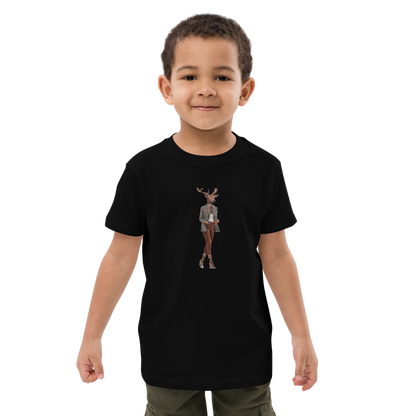 Young boy wearing a Black Anthropomorphic Deer Organic Cotton Kids T-Shirt featuring an Anthropomorphic Deer graphic on the chest - Kids' Graphic Tees - Funny Animal T-Shirts - Boozy Fox