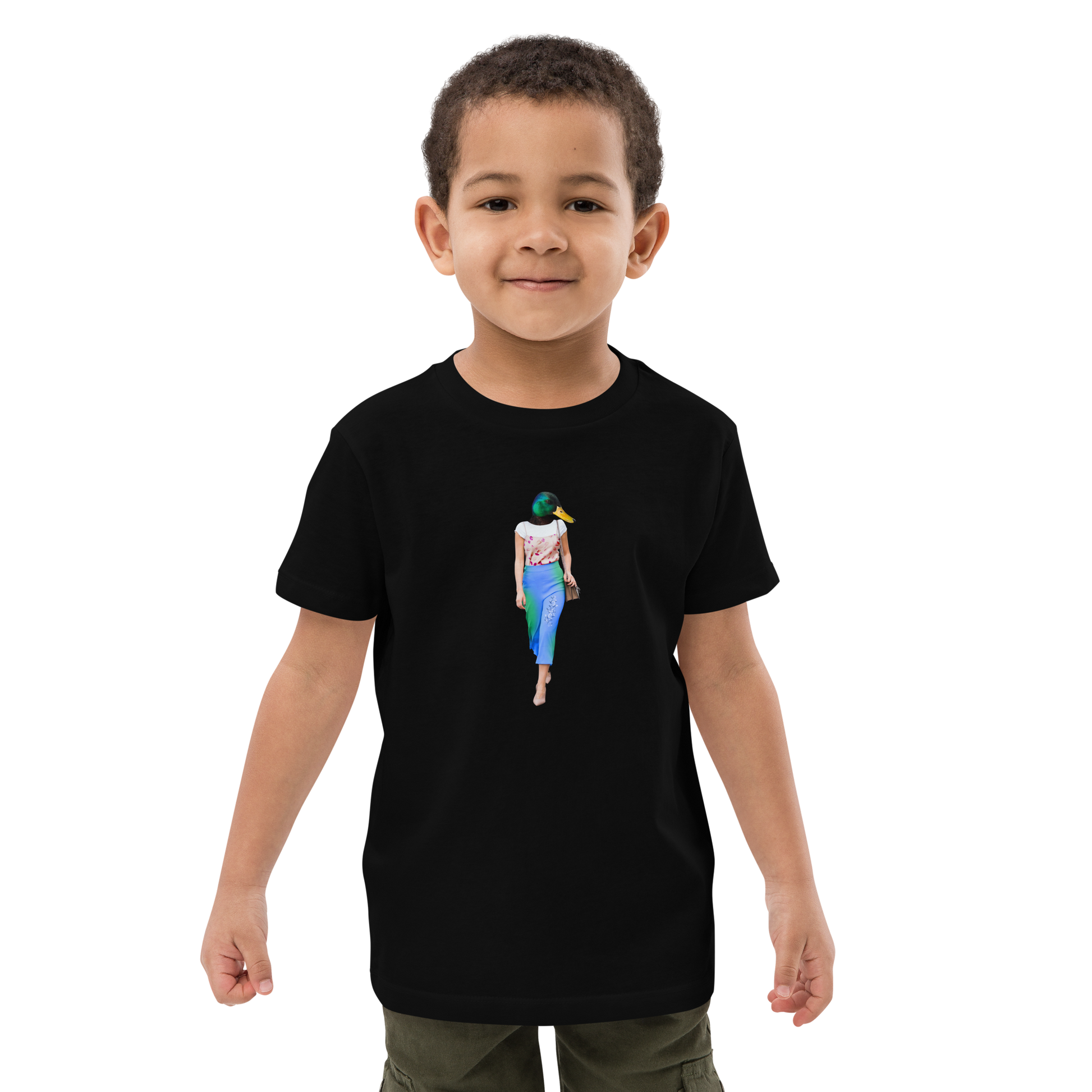 Young boy wearing a Black Anthropomorphic Duck Organic Cotton Kids T-Shirt featuring an Anthropomorphic Duck graphic on the chest - Kids' Graphic Tees - Funny Animal T-Shirts - Boozy Fox