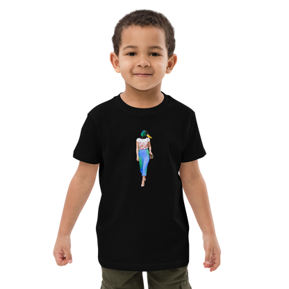 Young boy wearing a Black Anthropomorphic Duck Organic Cotton Kids T-Shirt featuring an Anthropomorphic Duck graphic on the chest - Kids' Graphic Tees - Funny Animal T-Shirts - Boozy Fox