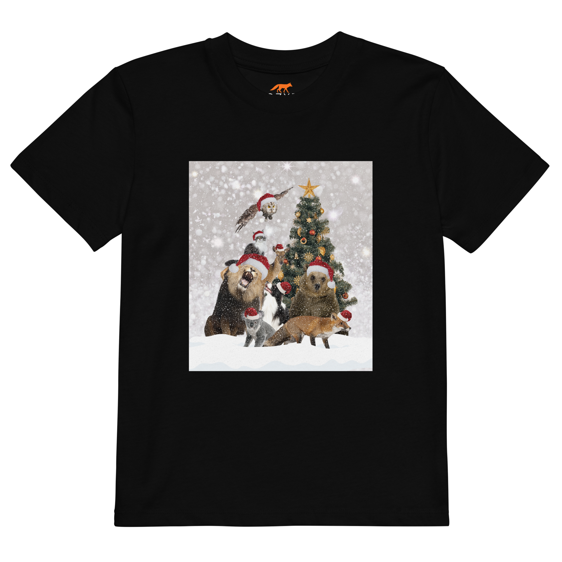 Black Christmas Animals Organic Cotton Kids T-Shirt featuring a delightful Christmas Tree Surrounded by Adorable Animals graphic on the chest - Kids' Graphic Tees - Funny Christmas Tee Shirts - Boozy Fox