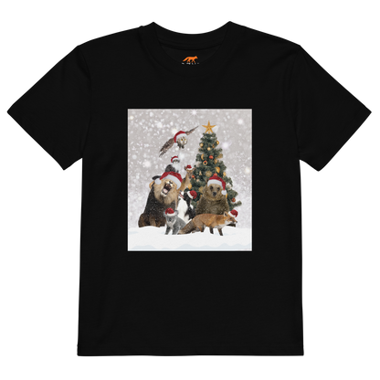 Black Christmas Animals Organic Cotton Kids T-Shirt featuring a delightful Christmas Tree Surrounded by Adorable Animals graphic on the chest - Kids' Graphic Tees - Funny Christmas Tee Shirts - Boozy Fox