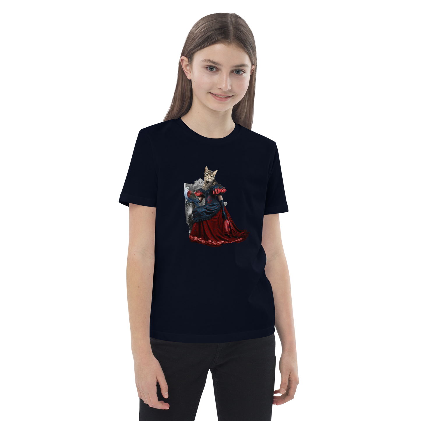 Young girl wearing a French Navy Anthropomorphic Cat Organic Cotton Kids T-Shirt featuring a cute Anthropomorphic Cat graphic on the chest - Kids' Graphic Tees - Funny Animal T-Shirts - Boozy Fox
