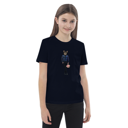 Young girl wearing a French Navy Anthropomorphic Dog Organic Cotton Kids T-Shirt featuring a cool Anthropomorphic Dog graphic on the chest - Kids' Graphic Tees - Funny Animal T-Shirts - Boozy Fox