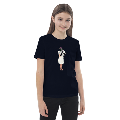 Young girl wearing a French Navy Anthropomorphic Pigeon Organic Cotton Kids T-Shirt featuring an Anthropomorphic Pigeon graphic on the chest - Kids' Graphic Tees - Funny Animal T-Shirts - Boozy Fox