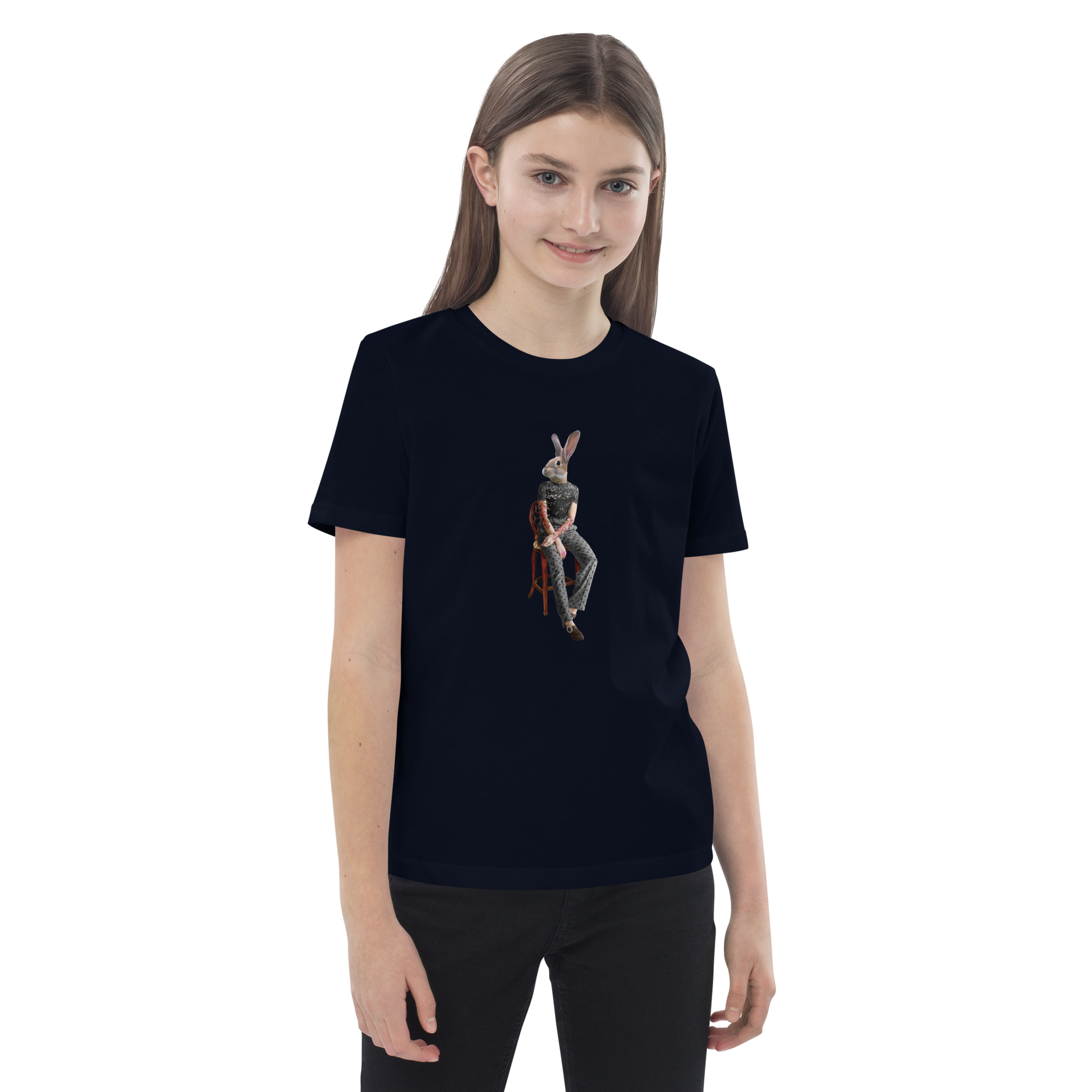 Young girl wearing a French Navy Anthropomorphic Rabbit Organic Cotton Kids T-Shirt featuring an Anthropomorphic Rabbit graphic on the chest - Kids' Graphic Tees - Funny Animal T-Shirts - Boozy Fox