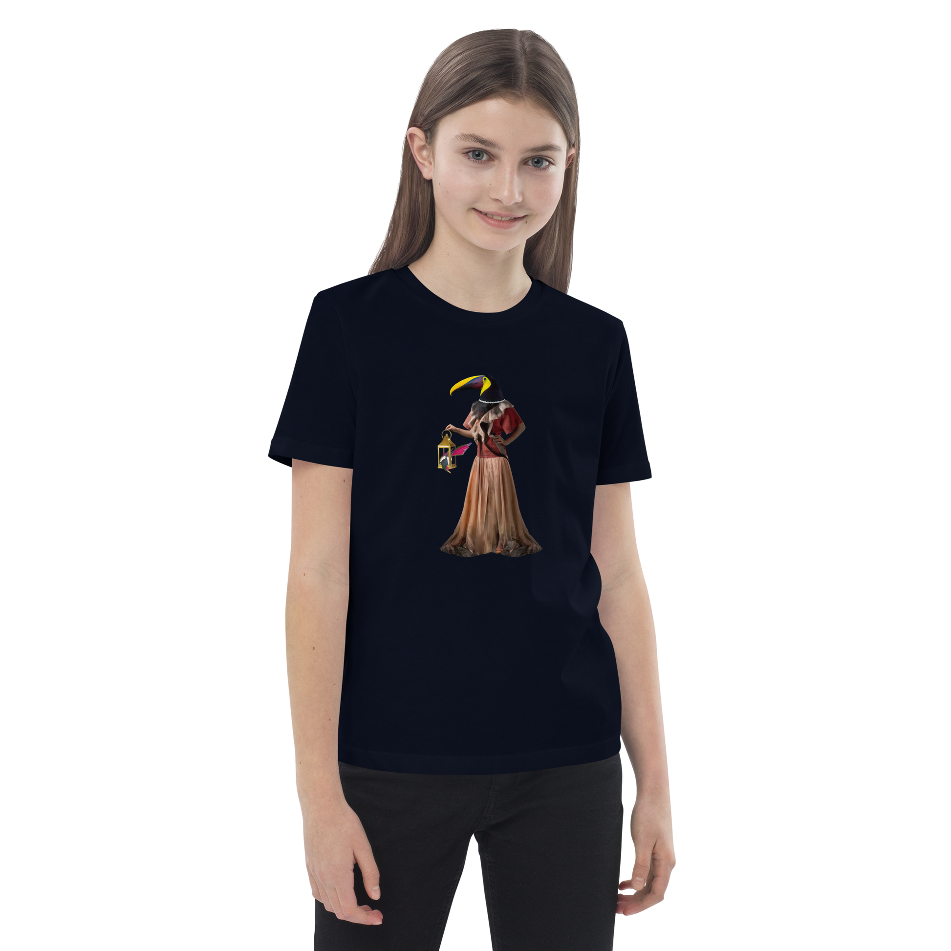 Young girl wearing a French Navy Anthropomorphic Toucan Organic Cotton Kids T-Shirt featuring an Anthropomorphic Toucan graphic on the chest - Kids' Graphic Tees - Funny Animal T-Shirts - Boozy Fox