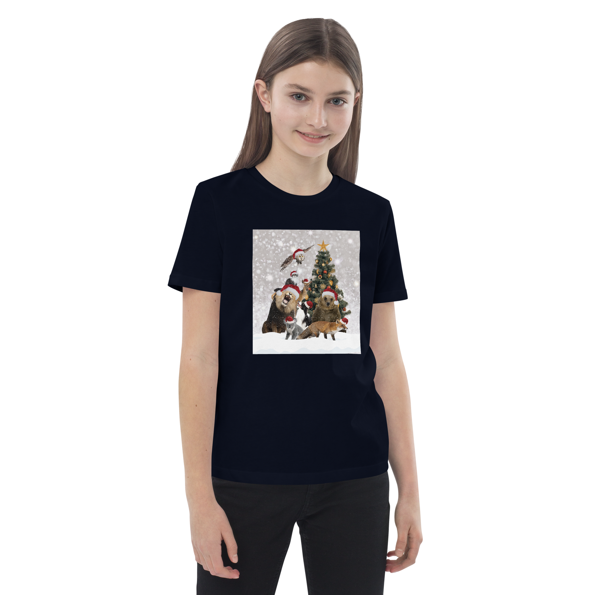 Young girl wearing a French Navy Christmas Animals Organic Cotton Kids T-Shirt featuring a delightful Christmas Tree Surrounded by Adorable Animals graphic on the chest - Kids' Graphic Tees - Funny Christmas Tee Shirts - Boozy Fox