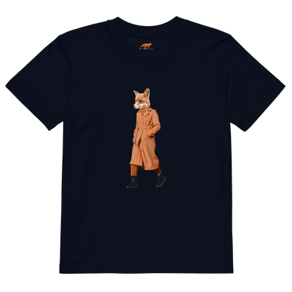 Navy Anthropomorphic Fox Organic Cotton Kids T-Shirt featuring an Anthropomorphic Fox In a Trench Coat graphic on the chest - Kids' Graphic Tees - Funny Animal T-Shirts - Boozy Fox