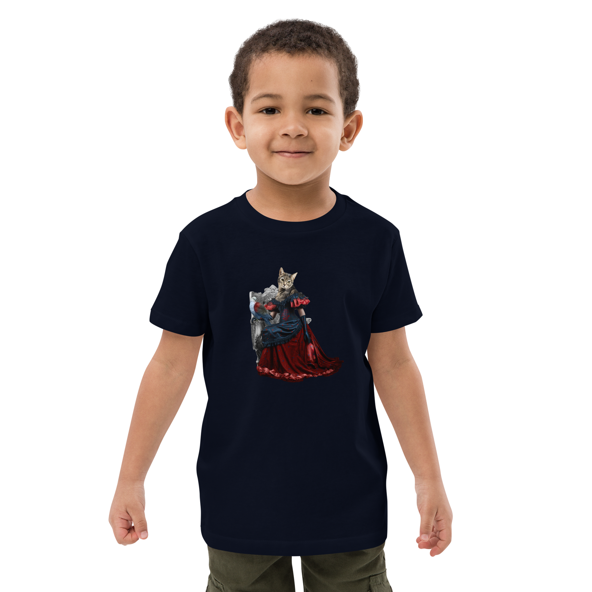Young boy wearing a French Navy Anthropomorphic Cat Organic Cotton Kids T-Shirt featuring a cute Anthropomorphic Cat graphic on the chest - Kids' Graphic Tees - Funny Animal T-Shirts - Boozy Fox