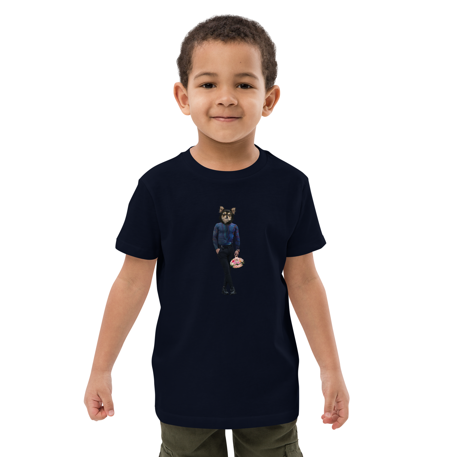 Young boy wearing a French Navy Anthropomorphic Dog Organic Cotton Kids T-Shirt featuring a cool Anthropomorphic Dog graphic on the chest - Kids' Graphic Tees - Funny Animal T-Shirts - Boozy Fox