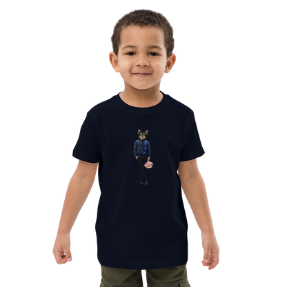 Young boy wearing a French Navy Anthropomorphic Dog Organic Cotton Kids T-Shirt featuring a cool Anthropomorphic Dog graphic on the chest - Kids' Graphic Tees - Funny Animal T-Shirts - Boozy Fox