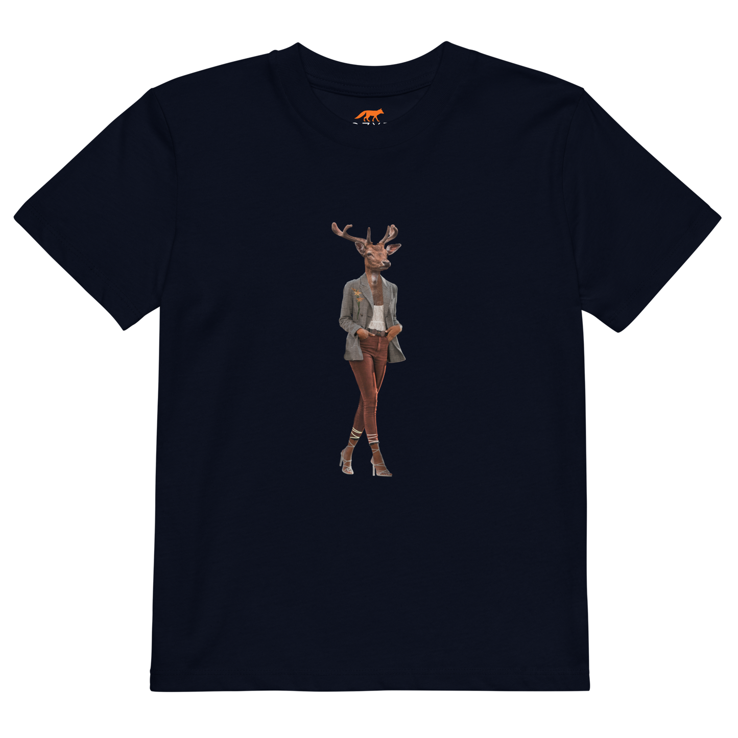 French Navy Anthropomorphic Deer Organic Cotton Kids T-Shirt featuring an Anthropomorphic Deer graphic on the chest - Kids' Graphic Tees - Funny Animal T-Shirts - Boozy Fox
