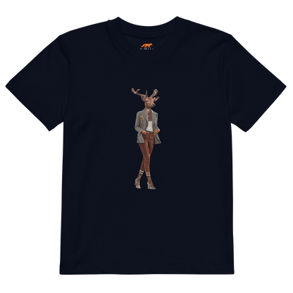French Navy Anthropomorphic Deer Organic Cotton Kids T-Shirt featuring an Anthropomorphic Deer graphic on the chest - Kids' Graphic Tees - Funny Animal T-Shirts - Boozy Fox