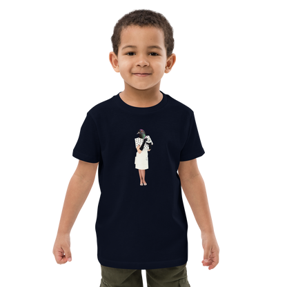 Young boy wearing a French Navy Anthropomorphic Pigeon Organic Cotton Kids T-Shirt featuring an Anthropomorphic Pigeon graphic on the chest - Kids' Graphic Tees - Funny Animal T-Shirts - Boozy Fox