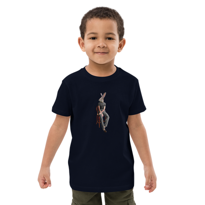 Young boy wearing a French Navy Anthropomorphic Rabbit Organic Cotton Kids T-Shirt featuring an Anthropomorphic Rabbit graphic on the chest - Kids' Graphic Tees - Funny Animal T-Shirts - Boozy Fox