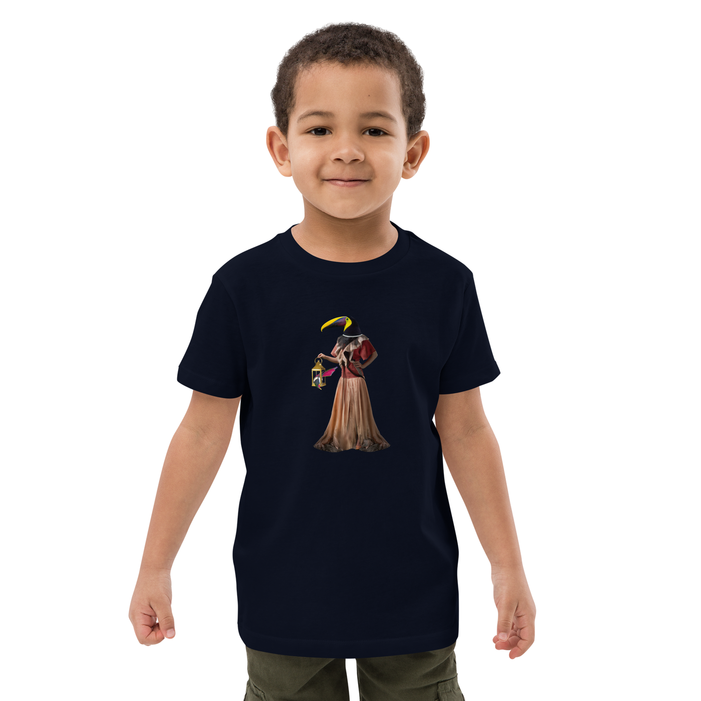 Young boy wearing a French Navy Anthropomorphic Toucan Organic Cotton Kids T-Shirt featuring an Anthropomorphic Toucan graphic on the chest - Kids' Graphic Tees - Funny Animal T-Shirts - Boozy Fox