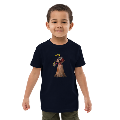 Young boy wearing a French Navy Anthropomorphic Toucan Organic Cotton Kids T-Shirt featuring an Anthropomorphic Toucan graphic on the chest - Kids' Graphic Tees - Funny Animal T-Shirts - Boozy Fox