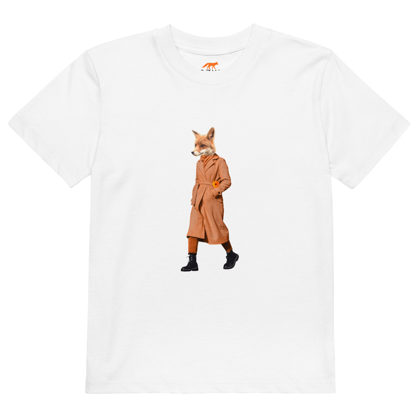 White Anthropomorphic Fox Organic Cotton Kids T-Shirt featuring an Anthropomorphic Fox In a Trench Coat graphic on the chest - Kids' Graphic Tees - Funny Animal T-Shirts - Boozy Fox