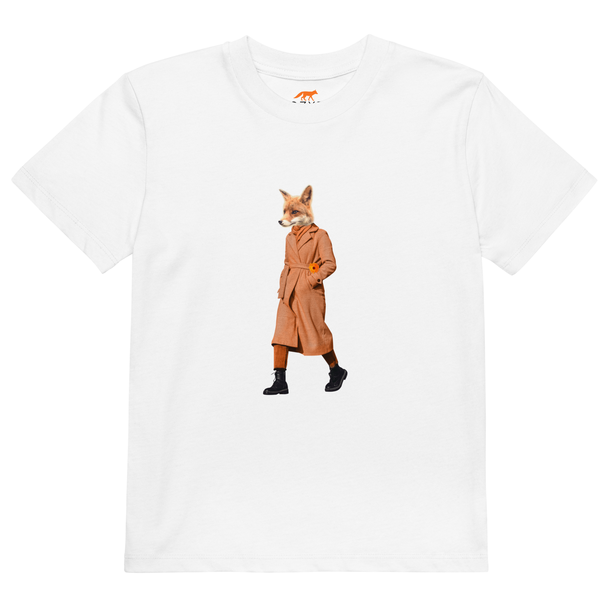 White Anthropomorphic Fox Organic Cotton Kids T-Shirt featuring an Anthropomorphic Fox In a Trench Coat graphic on the chest - Kids' Graphic Tees - Funny Animal T-Shirts - Boozy Fox