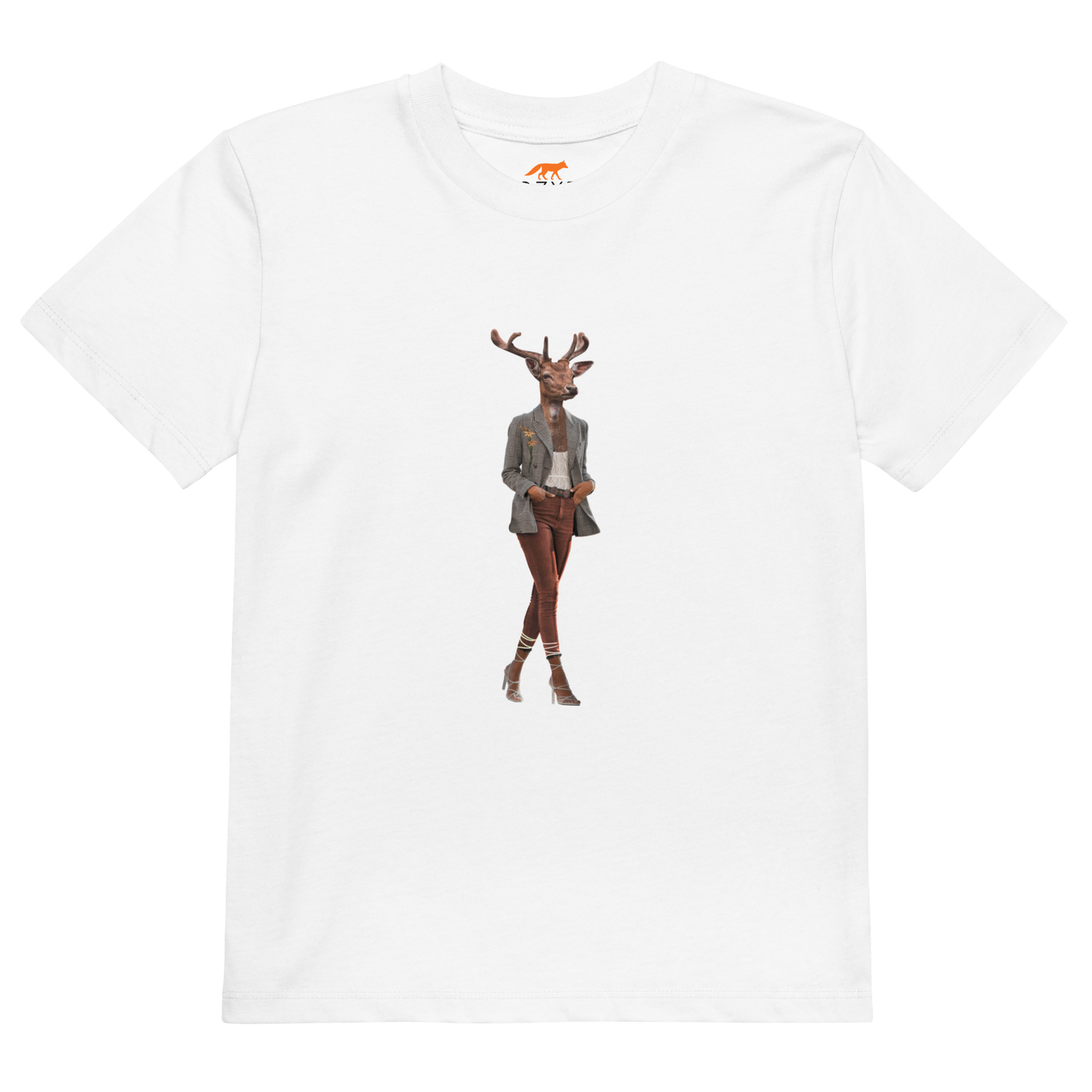 White Anthropomorphic Deer Organic Cotton Kids T-Shirt featuring an Anthropomorphic Deer graphic on the chest - Kids' Graphic Tees - Funny Animal T-Shirts - Boozy Fox
