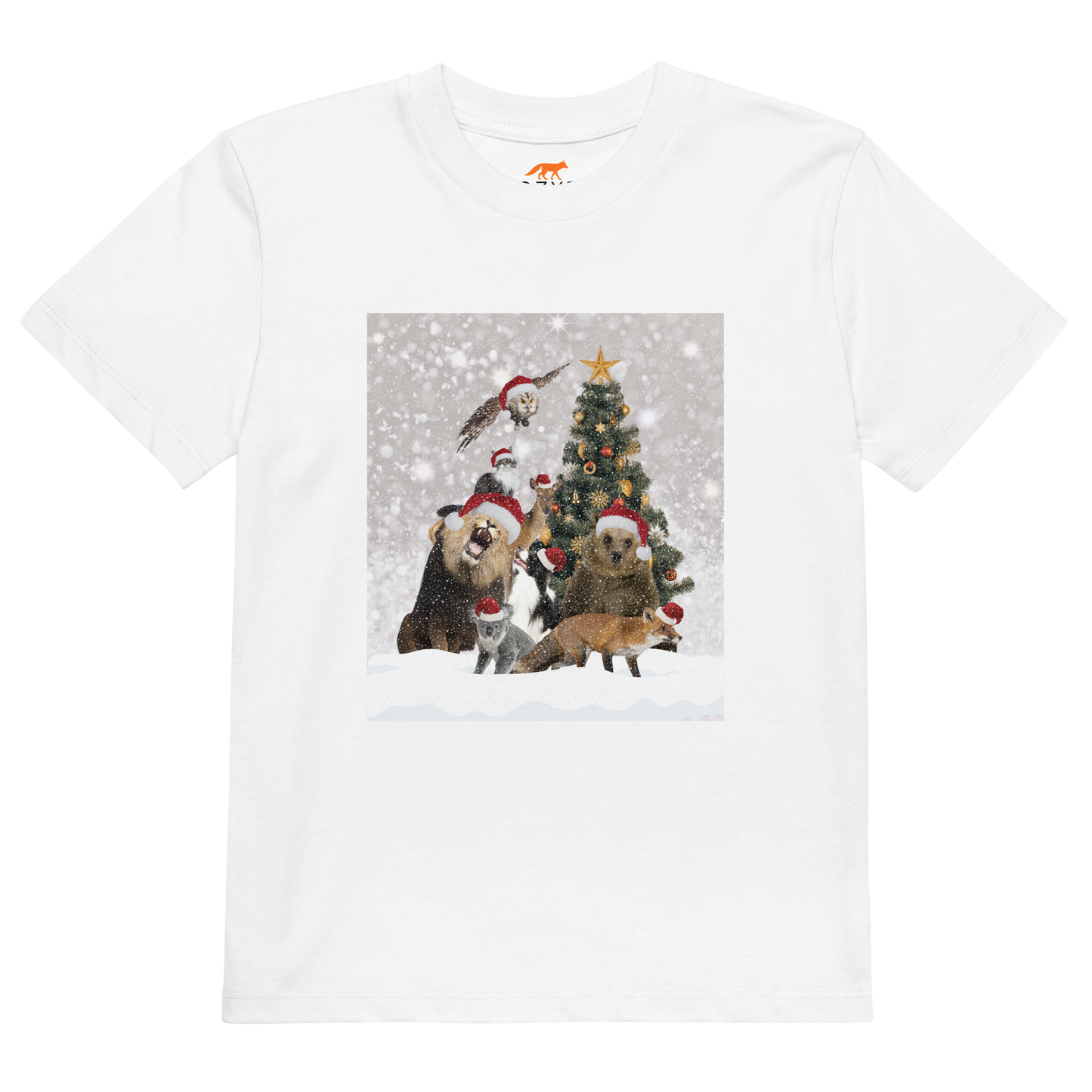 White Christmas Animals Organic Cotton Kids T-Shirt featuring a delightful Christmas Tree Surrounded by Adorable Animals graphic on the chest - Kids' Graphic Tees - Funny Christmas Tee Shirts - Boozy Fox