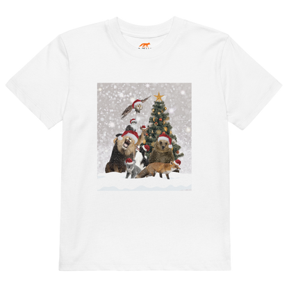 White Christmas Animals Organic Cotton Kids T-Shirt featuring a delightful Christmas Tree Surrounded by Adorable Animals graphic on the chest - Kids' Graphic Tees - Funny Christmas Tee Shirts - Boozy Fox