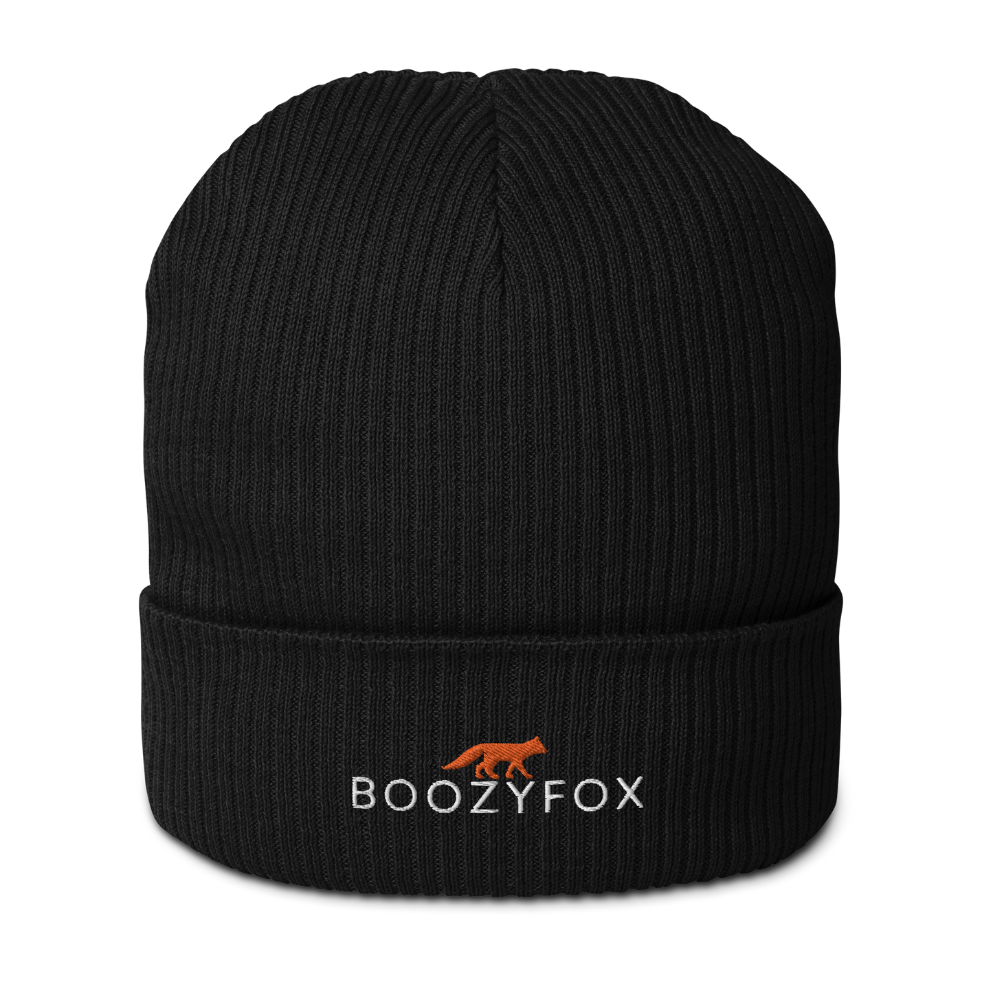 Black Organic Ribbed Beanie With An Embroidered Boozy Fox Logo On Fold - Shop Organic Cotton Beanies Online - Boozy Fox