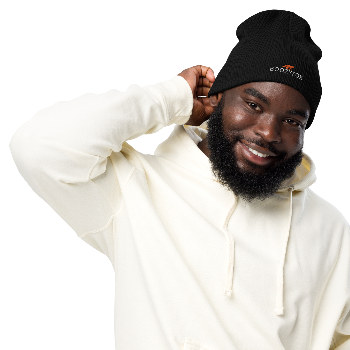 Smiling man wearing a Black Organic Ribbed Beanie With An Embroidered Boozy Fox Logo On Fold - Shop Organic Cotton Beanies Online - Boozy Fox