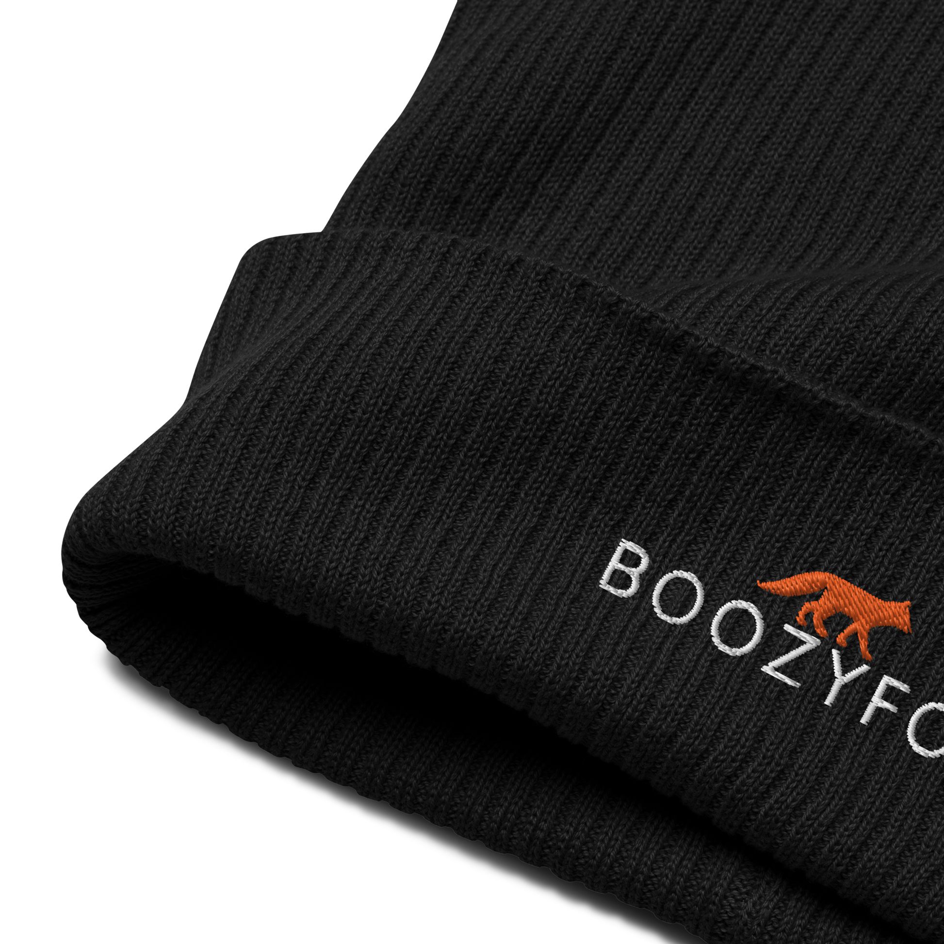 Front details of a Black Organic Ribbed Beanie With An Embroidered Boozy Fox Logo On Fold - Shop Organic Cotton Beanies Online - Boozy Fox